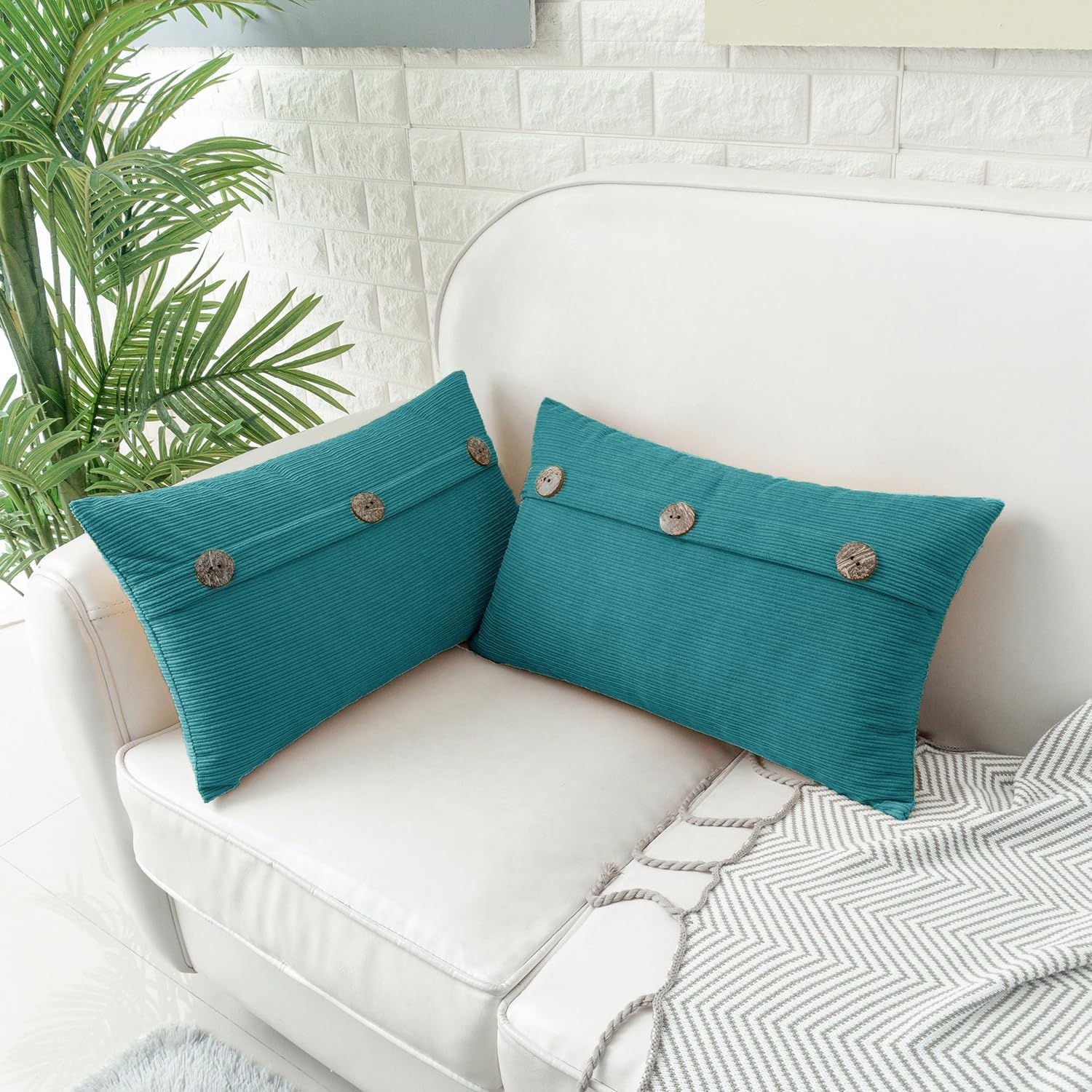 HWY 50 Teal Chenille Throw Pillow Covers 12x20 Inch with Triple Buttons, Soft Farmhouse Accent Decorative Cushion Cases for Couch Sofa Bed Living Room Pack of 2 Rectangle