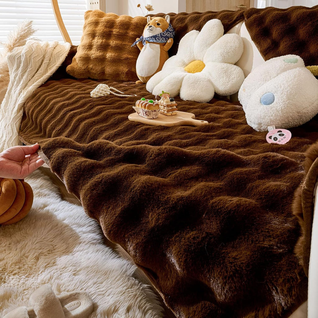 Faux Fur Couch Cover Fuzzy Soft Plush Thick Bubble Sofa Cover Luxury Sectional Couch Covers Luxury Anti-Slip Sofa Slipcover Washable Furniture Protector (Coffee,28"x82")