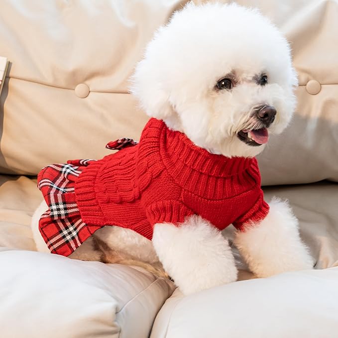 WOYYHO Girl Dog Sweater Dress with Bowtie Turtleneck Small Dogs Sweater with Leash Hole, Knitted Small Dog Sweaters Dress Puppy Winter Clothes for Yorkies Chihuahua (S, Red)