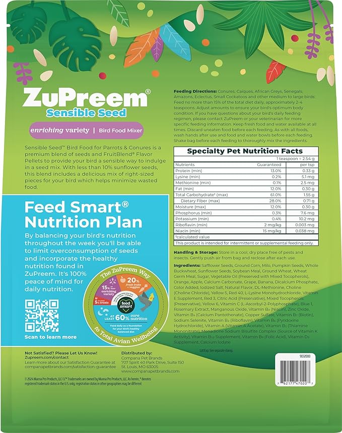 ZuPreem Sensible Seed Bird Food for Parrots and Conures, 2 lb bag (2-pack) - Premium Blend of Seeds and FruitBlend Pellets for Conures, Caiques, African Greys, Senegals, Amazons, Eclectus, Small Cocka