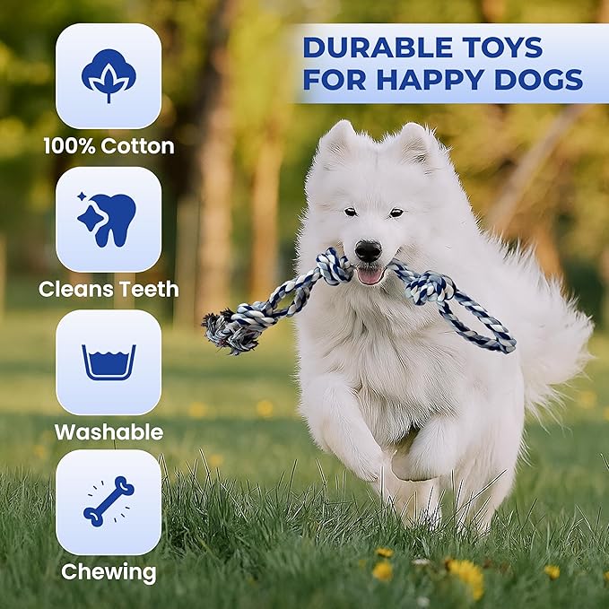 Dog Rope Toys, Heavy Duty Chew Toy for Large Dogs, 2-Pack Durable Tug of War Toys, 100% Cotton, Safe & Washable, Great for Teeth Cleaning, (Blue/White and Green/White/Green)