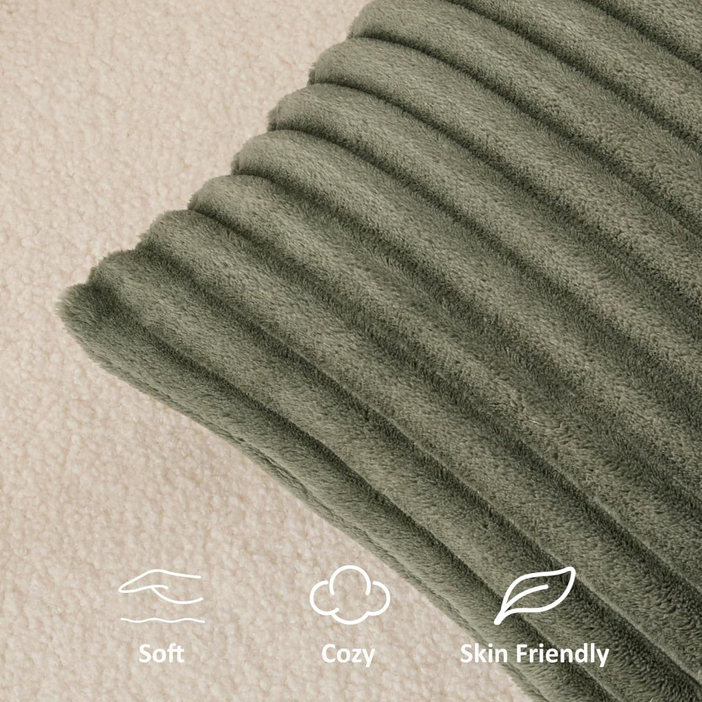 Kevin Textile Soft Plush 12x20 Inch Lumbar Pillow Cover 1 Pack, Luxury Fluffy Faux Fur Striped Flannel Rectangle Cushion Case for Couch Sofa Chair Bed Home Decor, Olive Green