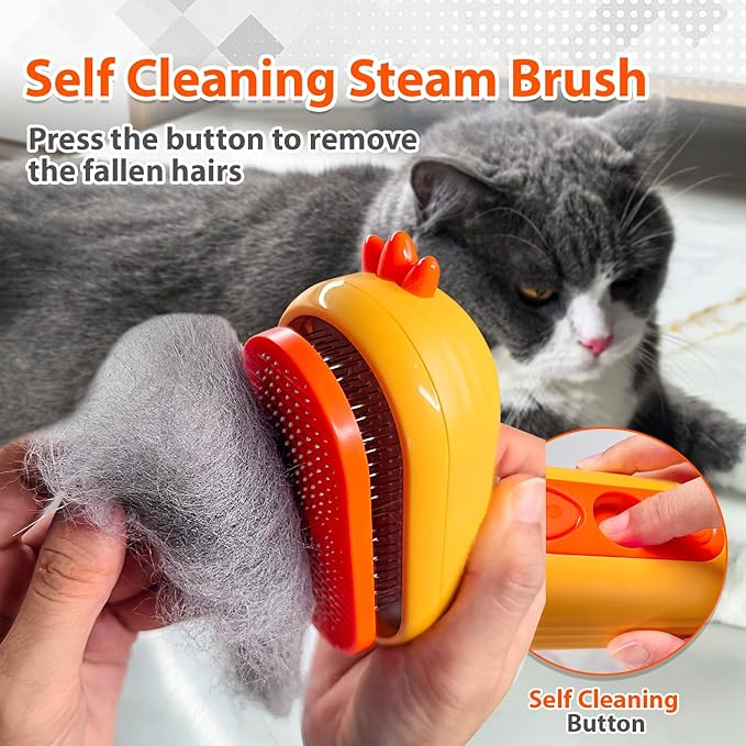 Cat Steam Brush with Release Button, 3 in 1 Rechargeable Pet Spray Water Comb for Long & Short Hair Removal, Self Cleaning Slicker Vapor Brush for Indoor Cats Dogs Rabbits Shedding Grooming