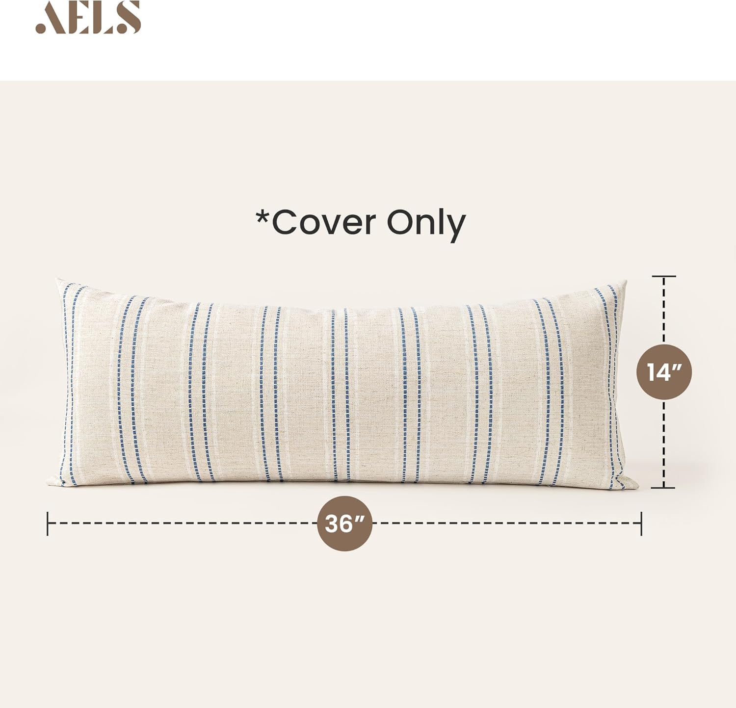 AELS 14x36 Decorative Lumbar Throw Pillow Covers, Farmhouse Linen Textured Long Pillow Case, Beige with White & Navy Blue Stitch Boho Cushion Cover for Couch Living Room (Cover ONLY)