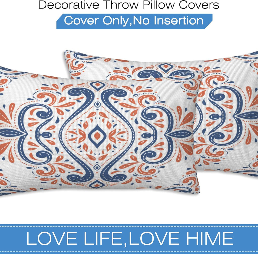 Throw Pillow Covers Blue and Orange Floral Pillow Covers 20x12 Inch Set of 2 Vintage Paisley Throw Pillows Decorative Pillow Cases Cushion Covers for Bedroom Livingroom Sofa Farm House
