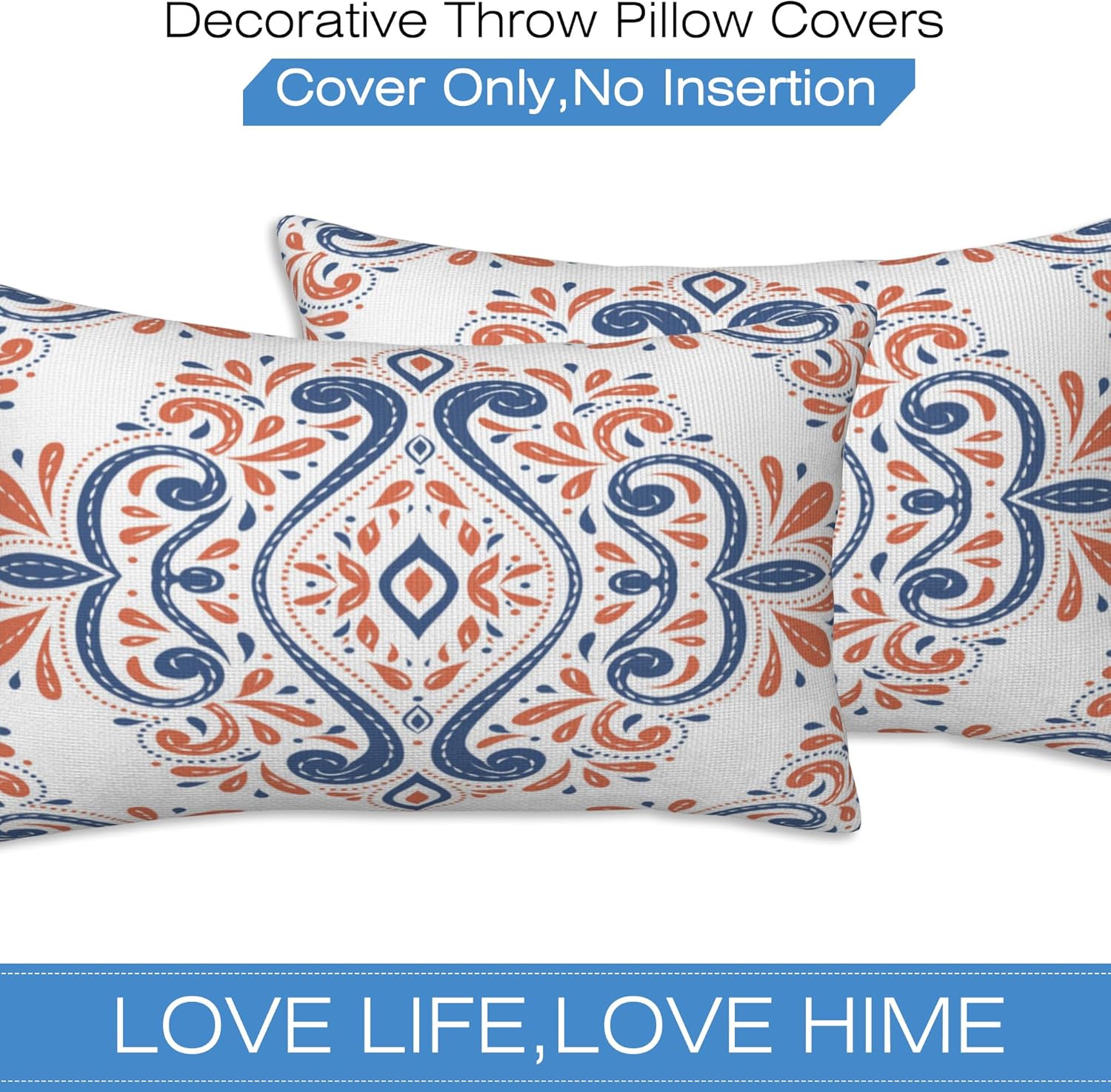 Throw Pillow Covers Blue and Orange Floral Pillow Covers 20x12 Inch Set of 2 Vintage Paisley Throw Pillows Decorative Pillow Cases Cushion Covers for Bedroom Livingroom Sofa Farm House