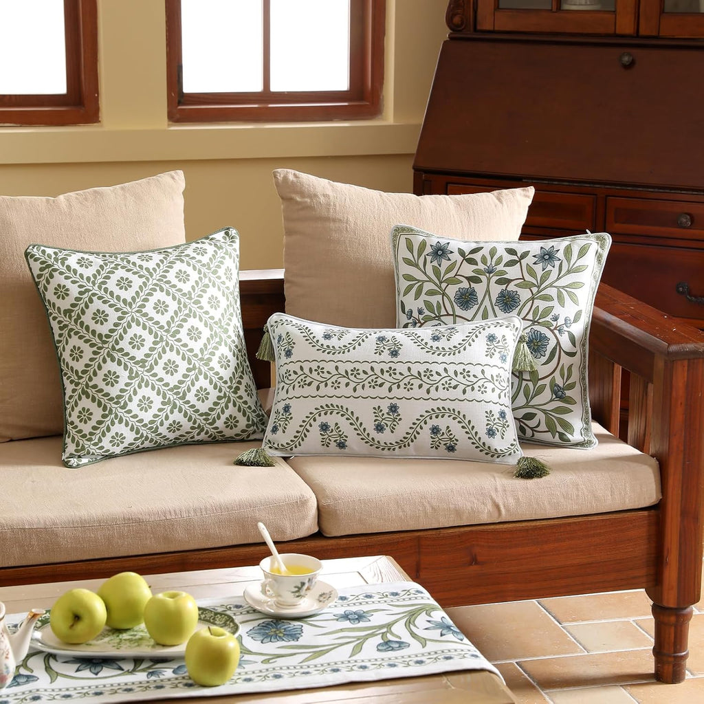 ISAENNE Design Fresh Linen Square Throw Pillow Covers 18"x18", French White Cottage Cushion Covers with Green Branches Pattern Decoration Pillowcases for Bed,Living Room,Outdoor,Car