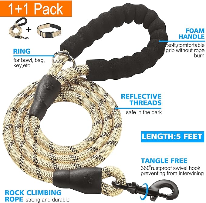 Reflective Dog Collar Padded with Soft Neoprene Breathable Adjustable Nylon Dog Collars for Small Medium Large Dogs (Small (Pack of 1), Vanilla Collar+Leash)