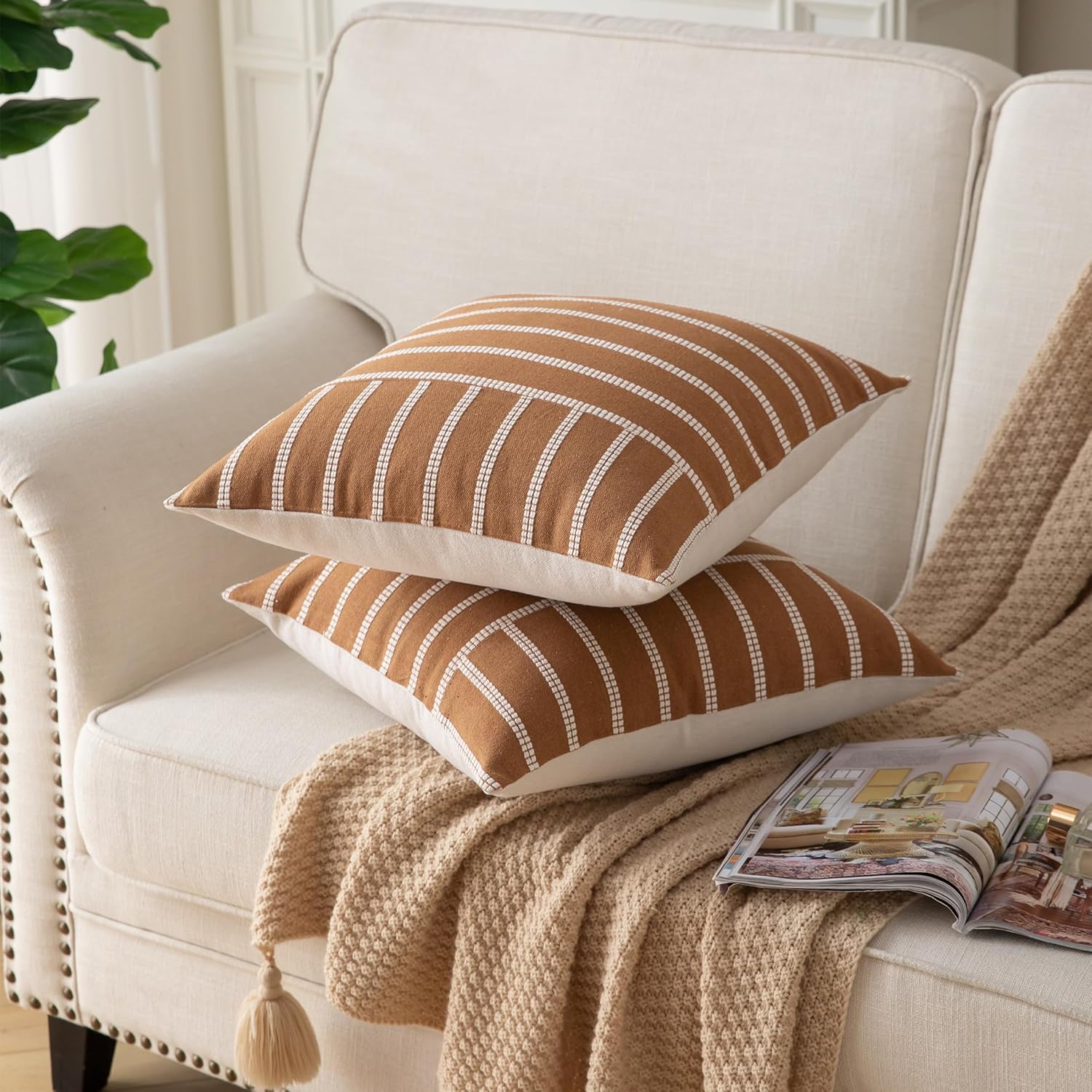 Caflife Boho Throw Pillow Covers 20x20 Set of 2 Soft Farmhouse Decorative Couch Pillow Cases Brown Striped Pillow Covers Neutral Cushion Covers for Sofa Bed Living Room Home Decor