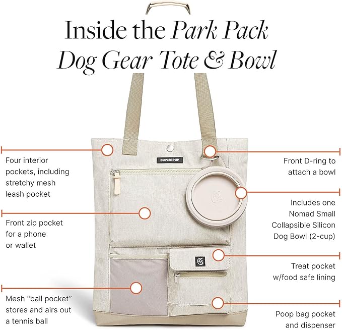 Park Pack 2-Piece Set Dog Gear Tote – Dog Travel Bag with 8 Pockets, Treat Pouch, Poop Bag Dispenser, Quick-Dry Ball Pocket, Collapsible Bowl, Perfect for Walks & Park Trips, Sand