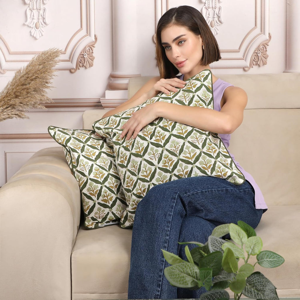 SheetKart Pure Cotton Throw Pillow Covers - Set of 2 - Hand Block Pure Cotton Printed Boho Decorative Pillow Covers - Cushion Covers for Living Room, Bohemian Theme, 16 x 16 Inches, Sagewood Olive