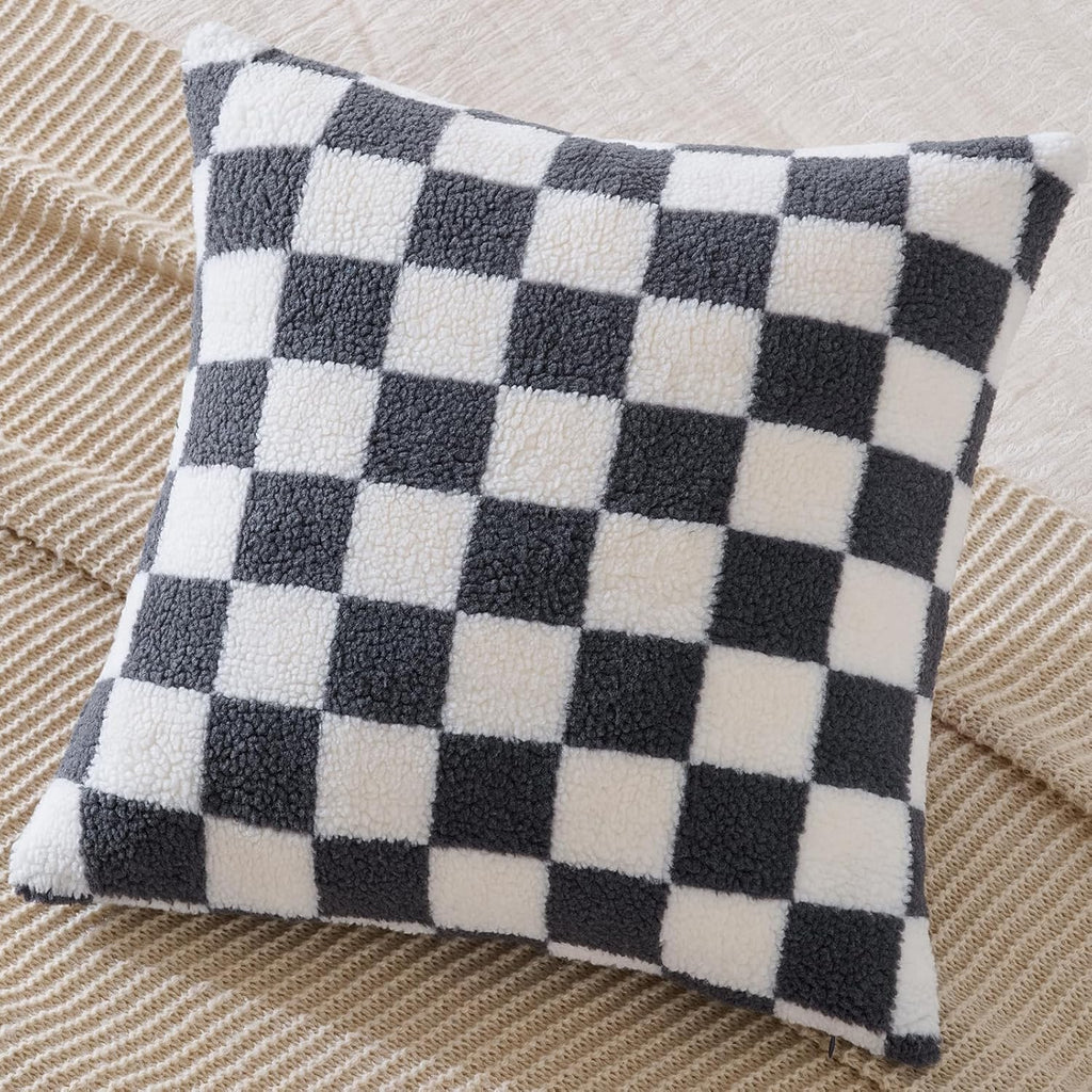 AmHoo Pack of 2 Decorative Throw Pillow Covers Checkerboard Luxury Super Soft Faux Fur Wool Set Case Cushion for Couch Sofa Bedroom 18 x 18-Inch Gray
