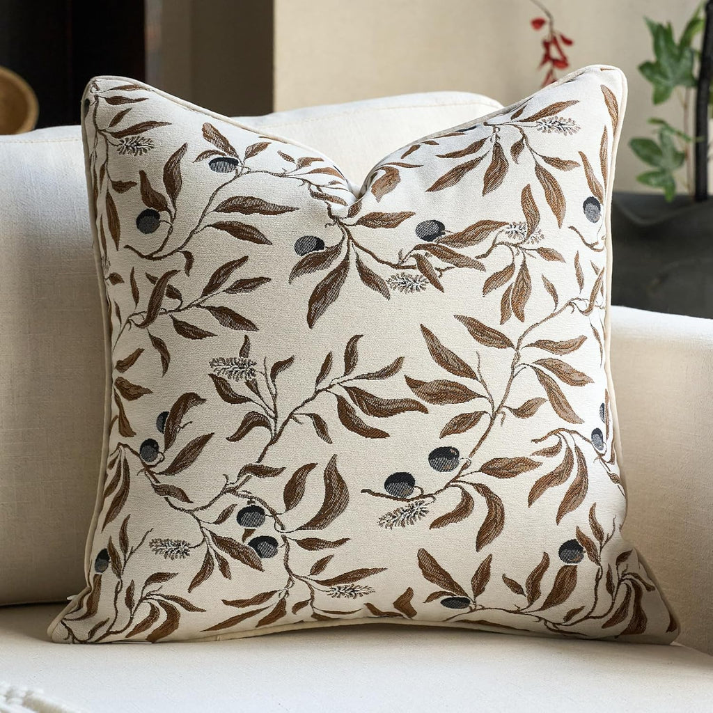 Alerfa Beige Floral Throw Pillow Cover 18 x 18 Inch Sqaure Luxury Decorative Pillow Cover for Couch Living Room Bedroom