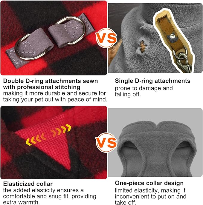 BEAUTYZOO Small Dog Sweater Fleece Vest Winter Jacket, D-Ring Leash Attachment for XS S Puppy Medium Sized Breeds Dogs, Cold Weather Dog Clothes Windproof Keep Warm, Christmas Red Plaid S