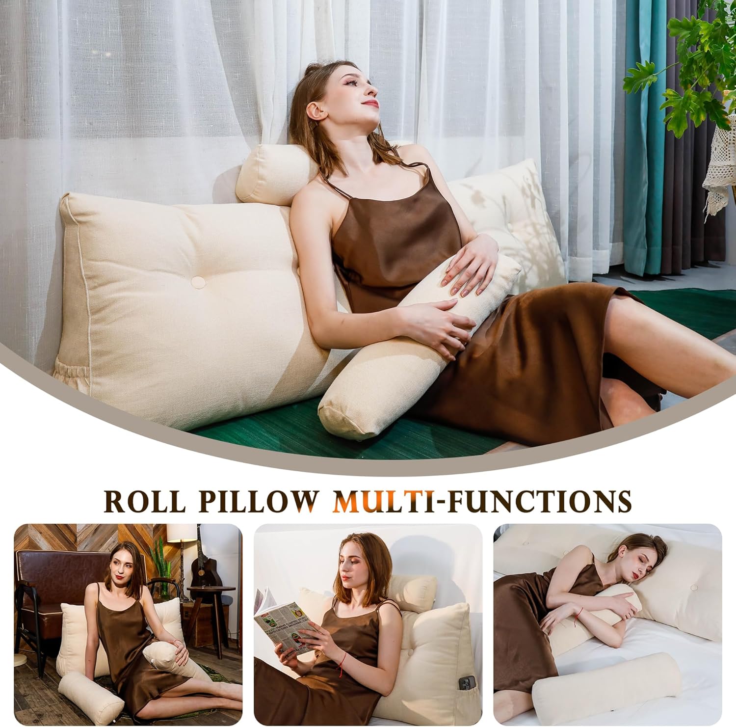 Headboard Pillow King Size, Triangular Wedge Backrest with Removable Head Roll & Side Pocket, 100% Linen Reading Pillow for Bed, Couch, Floor - Ergonomic Support for Neck, Back, White Beige