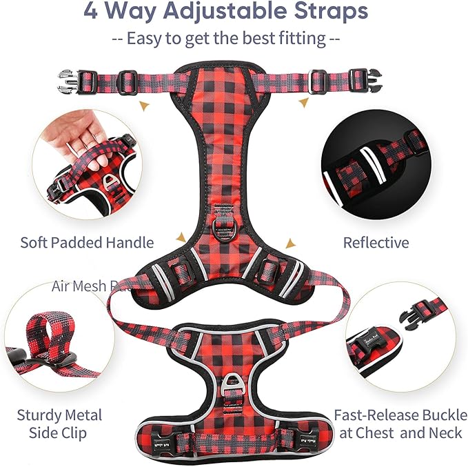 HEELE Dog Harness, No Pull Adjustable Padded Reflective Harness for Small Medium Large Dogs with Handle for Walking Training, Checkered-Red, L