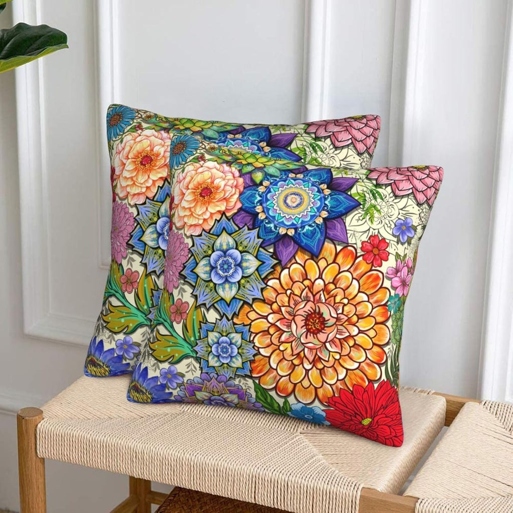 Boho Floral Throw Pillow Covers 18x18 Inch, Colorful Boho Flowers Throw Pillow Cases Set of 2, Decorative Cushions Pillowcase for Couch Office Car Sofa Living Room Bedroom Farmhouse Home Decor