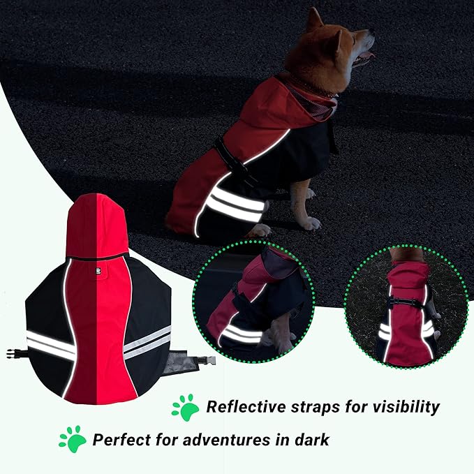 Dog Raincoat for Medium Large Extra Large Dogs, Waterproof Rain Jacket with Reflective Strap, Lightweight Hoodies Full-Body Coverage Dry Clothes (M, Red)