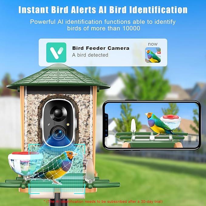 Smart Bird Feeder with Camera with AI Identify Birds Species & Solar Panel, WiFi Birdfeeder with Cam, 2K Live View, Chew-Proof & Waterproof Design, Real-Time App Alerts, Gift for Bird Lovers, Green