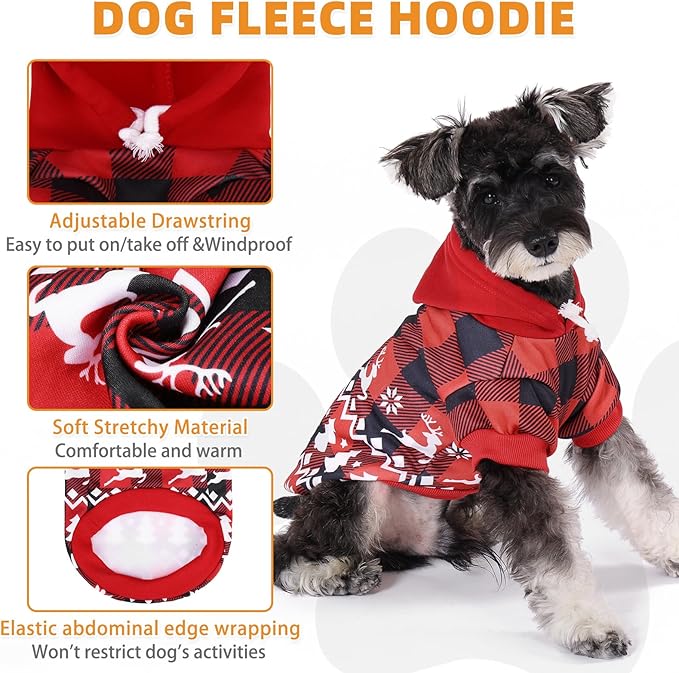 KOOLTAIL Christmas Dog Hoodie, Red Plaid Pet Sweater, Hat Hooded Sweatshirt Dog Clothes for Small Medium Large Dogs Cats, Soft Warm Winter Cold Weather Coat with Leash Hole&Pocket,Reindeer Snowflake,S
