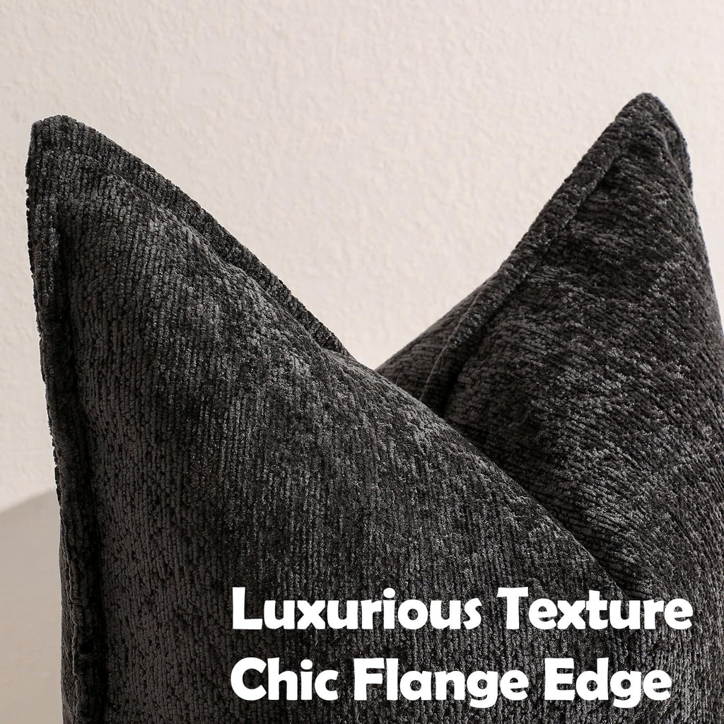 Pack of 2 Black Decorative Throw Pillow Covers 22x22 Cozy Soft Chenille Accent Vintage Square Couch Pillow Covers for Home Decor Bed Sofa Living Room