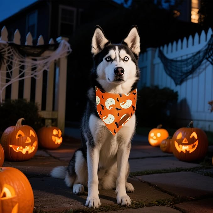 Realeaf Halloween Dog Bandanas 2 Pack, Reversible Orange Gray Pet Scarf for Boy and Girl, Premium Durable Fabric, Holiday Bandana for Small Medium Dogs (Halloween, Small)
