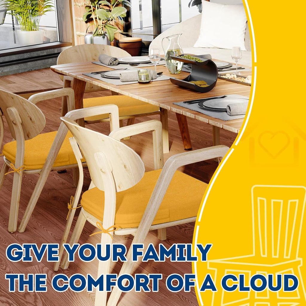 AAAAAcessories D-Shaped Chair Cushions, 2" Thick Dining Chair Pads with Ties and Removable, Machine-Washable Cover, 17" x 16", Set of 6, Golden Yellow