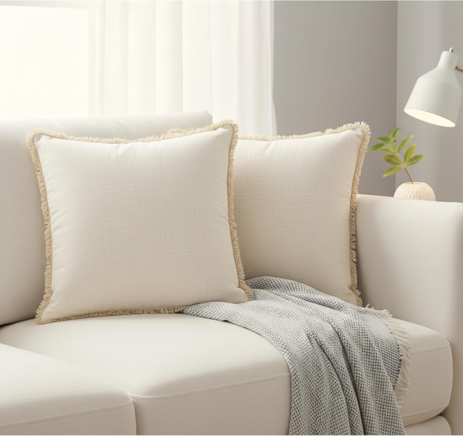 20×20 Cream White Cotton Throw Pillow Covers with Decorative Fringe Boho Farmhouse Beige Cushion Covers with Tassels Linen Like Textured Accent Pillowcases for Bed Chair Sofa Living Room Set of 2