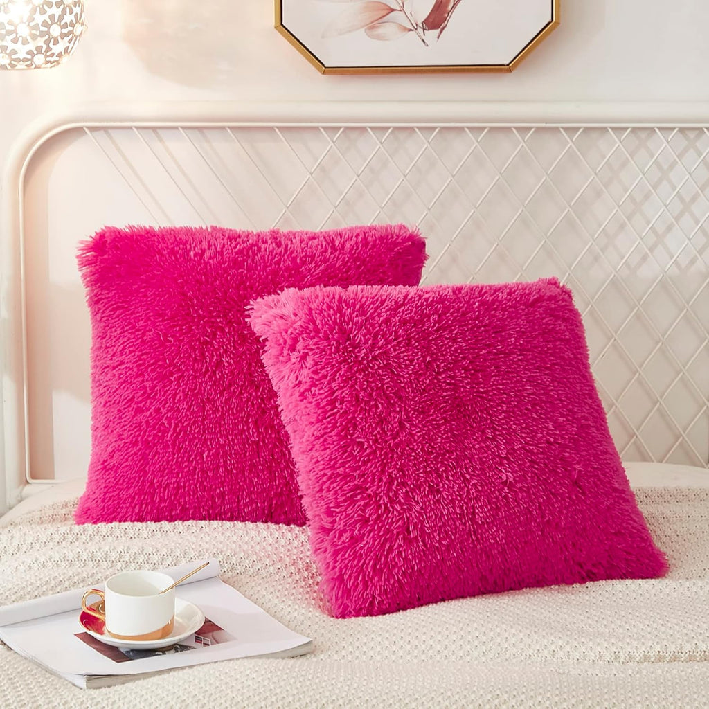 Uhamho Set of 2 Faux Fur Throw Pillow Covers Bed Pillowcases Soft Velvet Home Decorative Zipper Closure (Hot Pink, 18"x18")