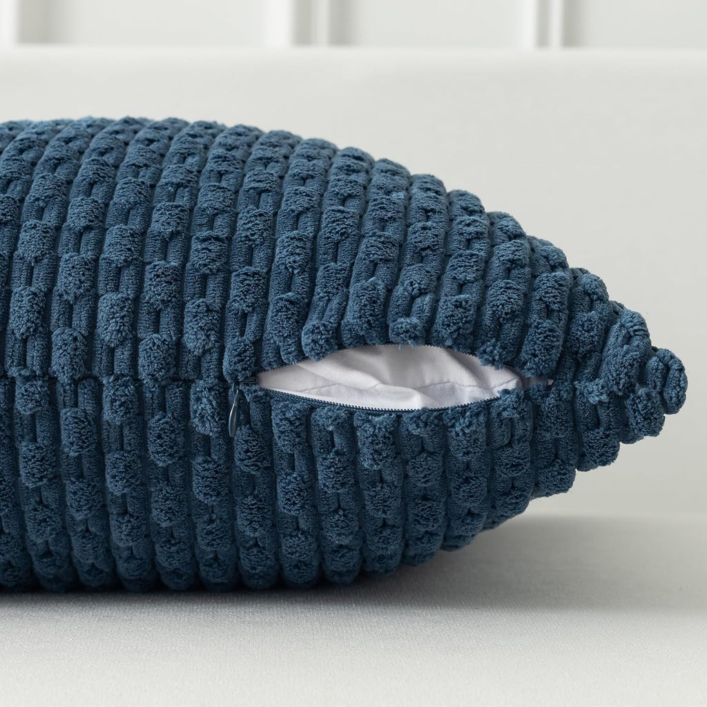 Kevin Textile 12x24 Inch Pillow Cover 1 Pack Boho Decorative Soft Striped Corduroy Lumbar Farmhouse Solid Color Accent Rectangle Cushion Case for Living Room Couch Sofa Bed, Blue