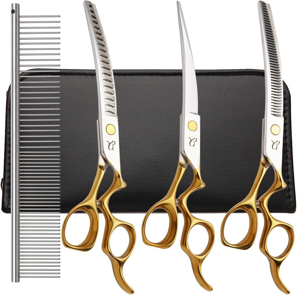 Dog Grooming Scissors,Curved Chunkers Shears Deg Grooming with Safety Round Tips, Sharp and Comfortable 4 in 1 Dog Scissers for Grooming