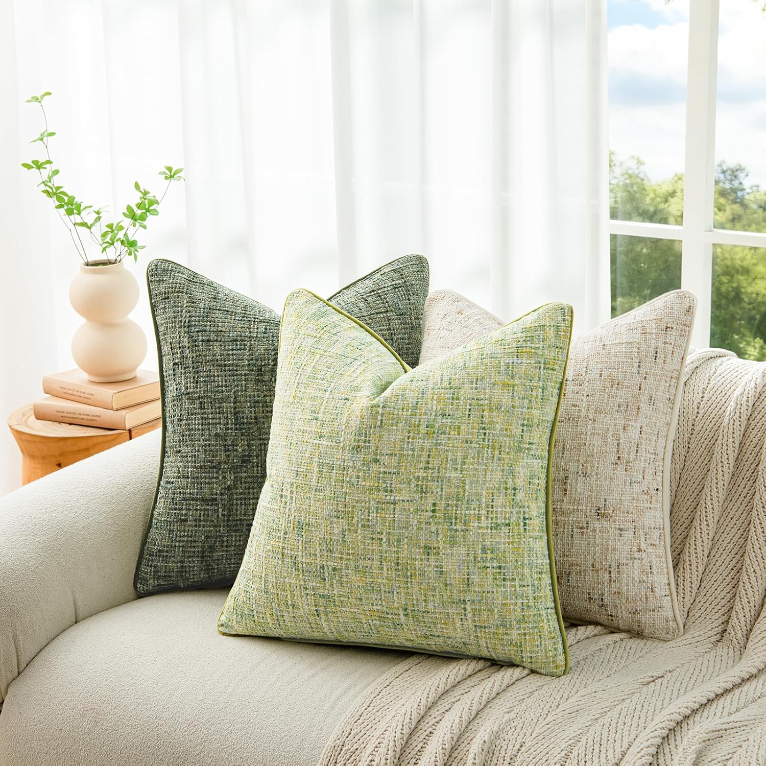 a moment Green Reversible Pillow Covers 2 Pack - Farmhouse Chenille Throw Pillows, Neutral Textured Decorative Throw Pillow Covers with Border for Couch Sofa Bed (20x20 Inch, No Insert)