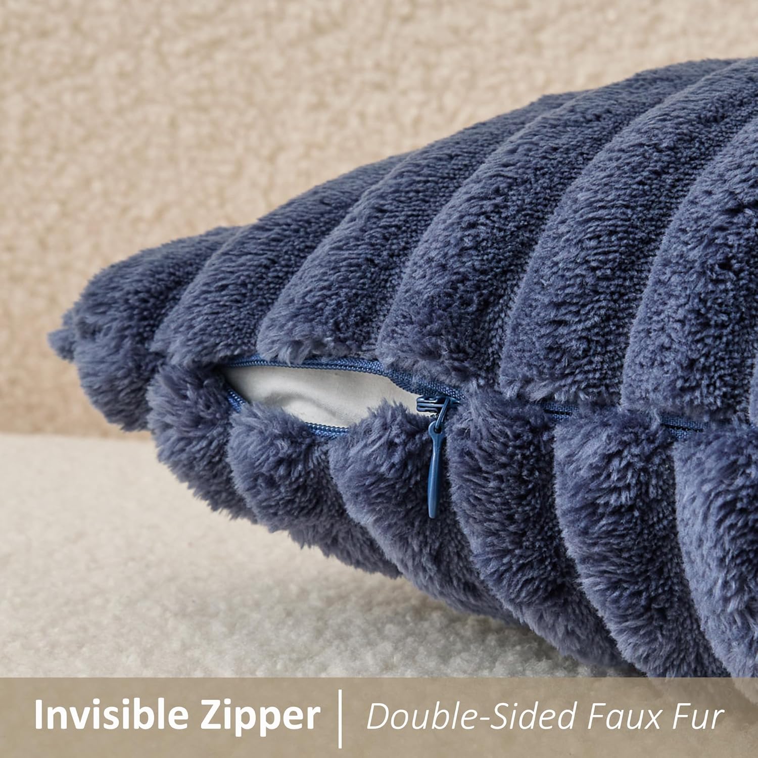 Kevin Textile Soft Plush 12x24 Inch Lumbar Pillow Cover 1 Pack, Luxury Fluffy Faux Fur Striped Flannel Rectangle Cushion Case for Couch Sofa Chair Bed Home Decor, Grey Blue