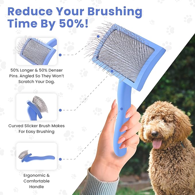 Slicker Brush for Dogs, Dog Grooming Supplies - Best Doodle & Poodle Brush for Long Haired Dogs - Goldendoodle Long Pin Detangler For Dematting (Medium Curved)