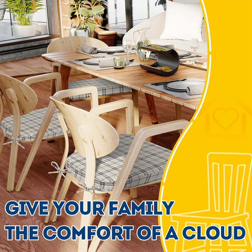 AAAAAcessories D-Shaped Chair Cushions, 2" Thick Dining Chair Pads with Ties and Removable, Machine-Washable Cover, 17" x 16", Set of 8, Yellow Checkered