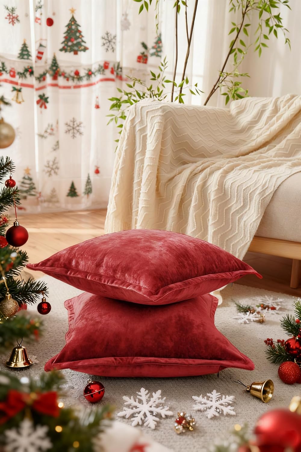 Luxurious Velvet Euro Shams Decorative Throw Pillow Covers 26x26 Set of 2 Solid Square Euro Pillow Shams for Sofa Couch Bedroom, Red