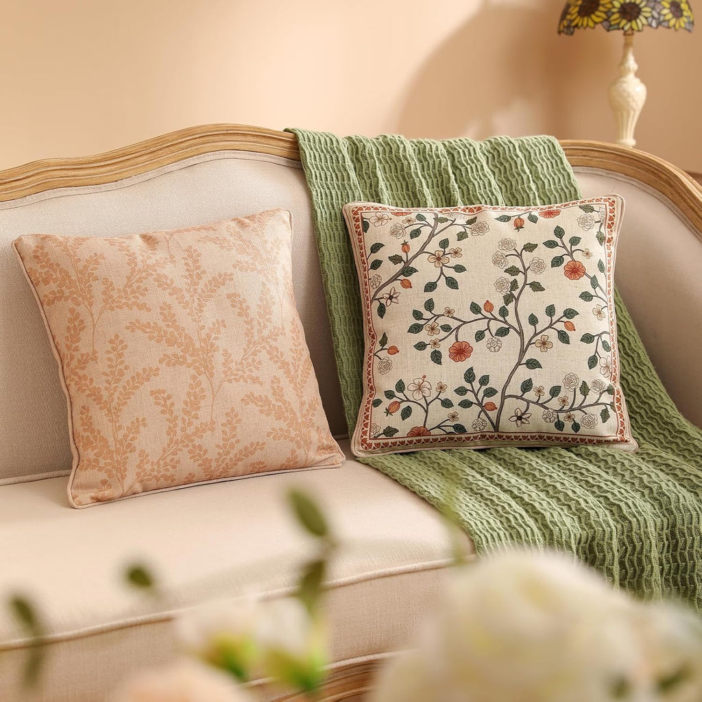 ISAENNE Design Linen Classic Throw Pillow Covers 18"x18", French Farmhouse Square Cushion Covers with Beige Branch Floral Pattern Decoration Pillowcases for Bed,Living Room,Outdoor,Car