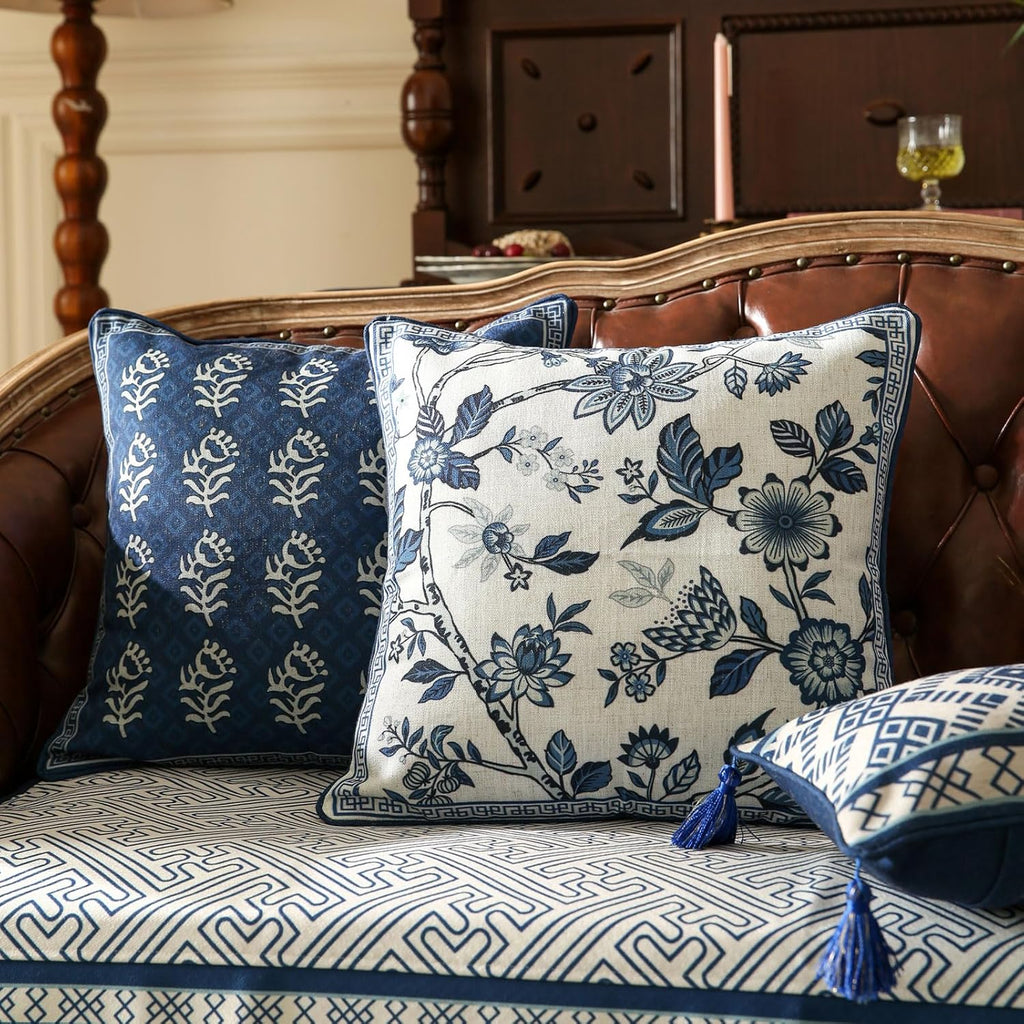 Chinoiserie Throw Pillow Covers,Classic Chinoiserie Blue and White with Floral Pattern Linen Throw Pillowcases,Decorative Square Cushion Covers for Couch Bed Car,18x18 Inches