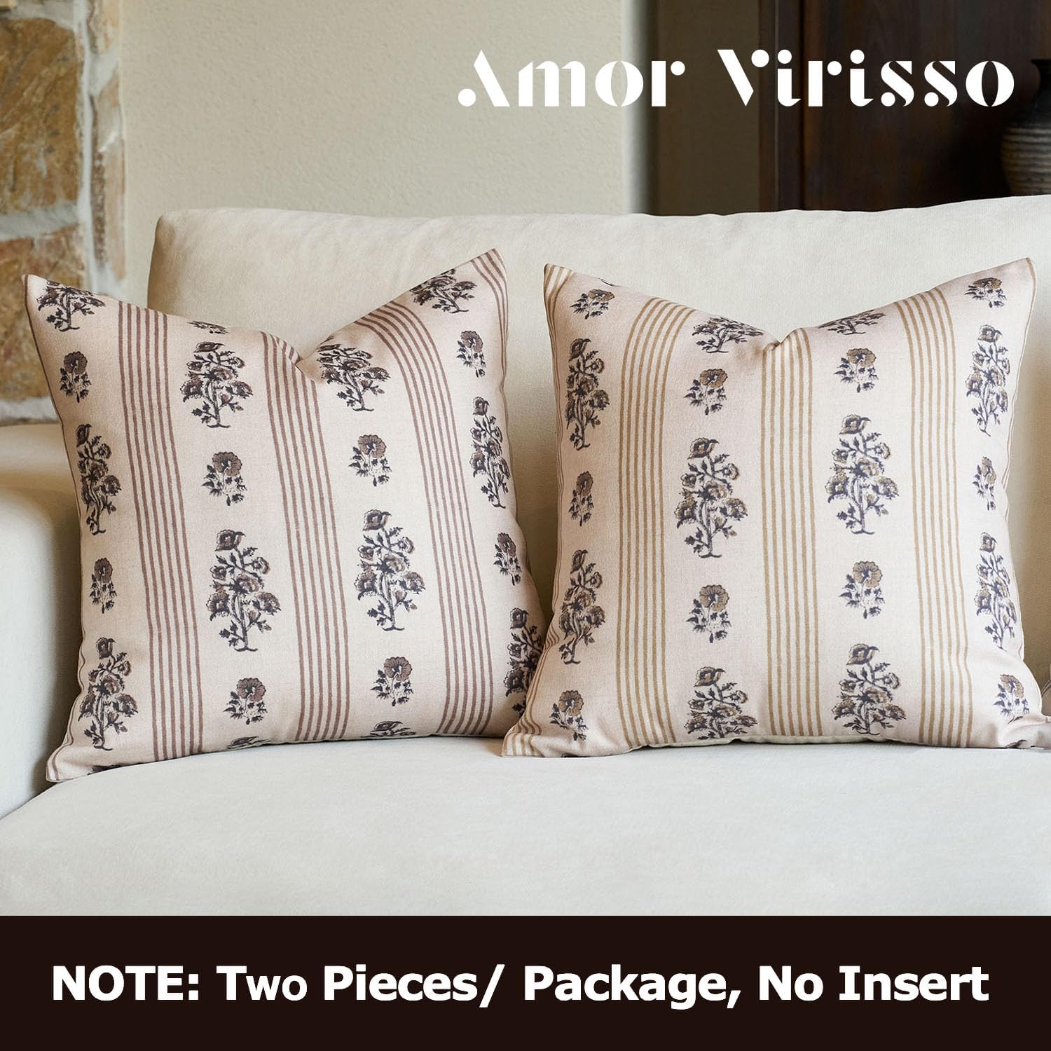 Amor Virisso Floral Throw Pillow Covers 24x24 Set of 2 Block Print Pillow Covers Neutral Floral Striped Farmhouse Decorative Pillow Covers for Sofa Couch Bed, Brown