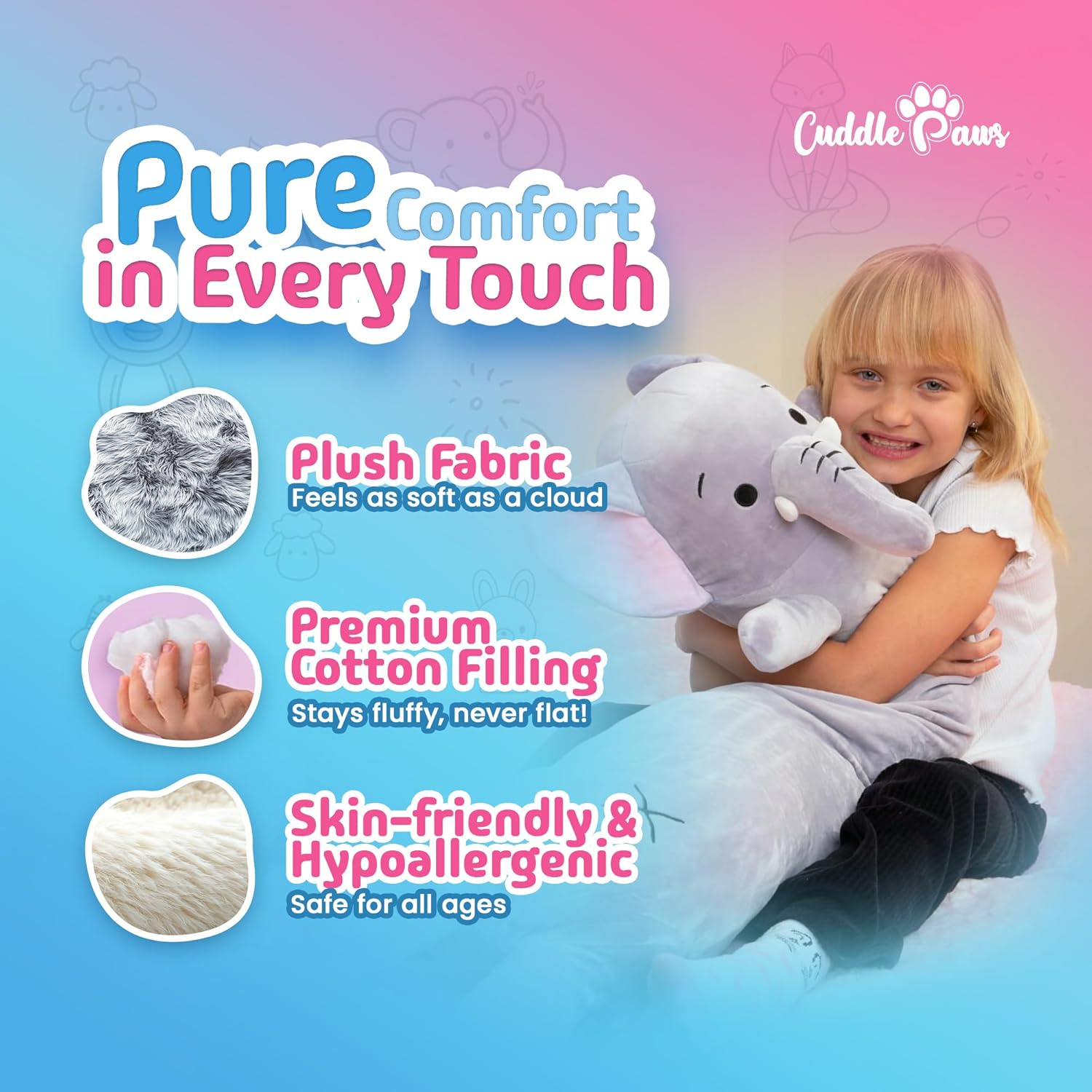 Elephant Plush Body Pillow for Kids | Long Stuffed Animal Cuddle Pillow | Soft Hugging Toy | Plushie Gift for Girls & Boys | Long Plush Body Pillow for Sleep & Comfort | Large, 47 Inches