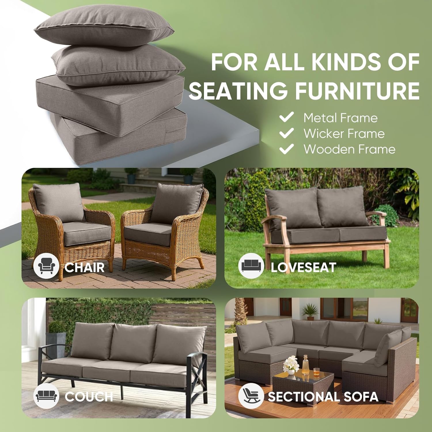 Outdoor Chair Cushion, 6 inch Thick Outdoor Cushions for Patio Furniture, 22x24 Waterproof Patio Chair Cushions, Include 1 Seat Cushion & 1 Back Pillow, Thick/Gray