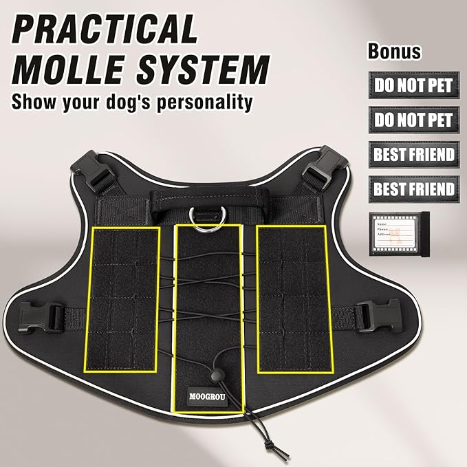 Tactical Dog Harness for Large Dogs,No Pull Military Dog Vest with Handle,Reflective Heavy Duty Pet Harness for K9 Working Walking Hiking Training Black XL