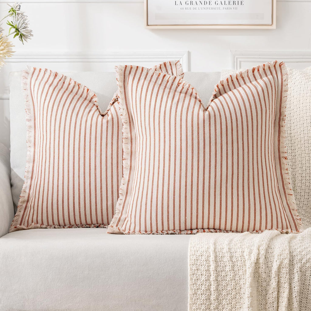 MIULEE Pack of 2 Rust Pillow Covers 24x24 Inch Striped Farmhouse Couch Throw Pillow Covers with Fringe Chic Linen Decorative Cushion Eruo Sham for Sofa Living Room Bed Outdoor Home Decor