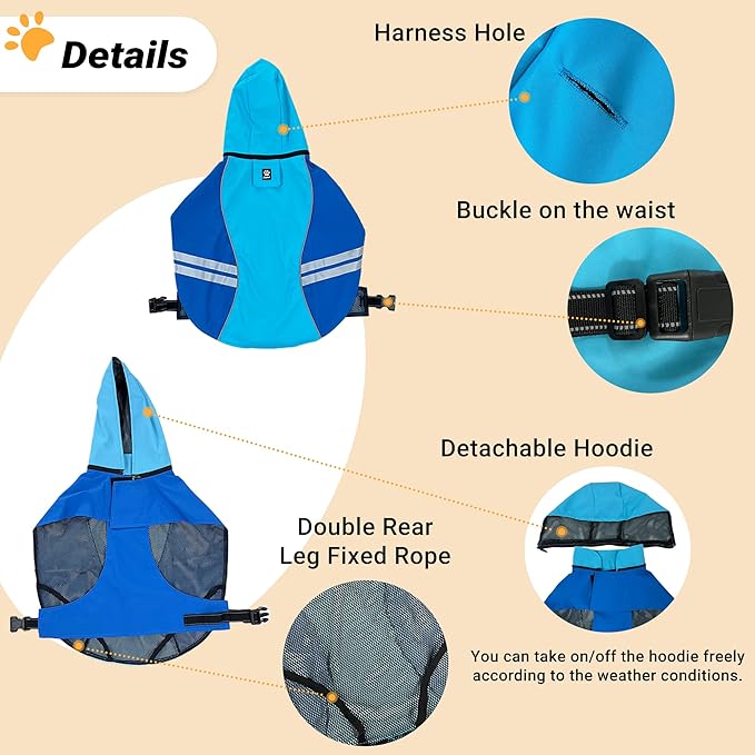 Dog Raincoat for Medium Large Extra Large Dogs, Waterproof Rain Jacket with Reflective Strap, Lightweight Hoodies Full-Body Coverage Dry Clothes (L, Blue)