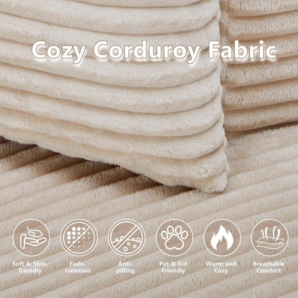 55.11" W Oversized Round Chaise Lounge Chair, Deep Seat Corduroy Cloud with Pillows, Moveable Ottoman and Blanket– Comfy Circle Loveseat Sofa Chair for Living Room or Bedroom (Beige)