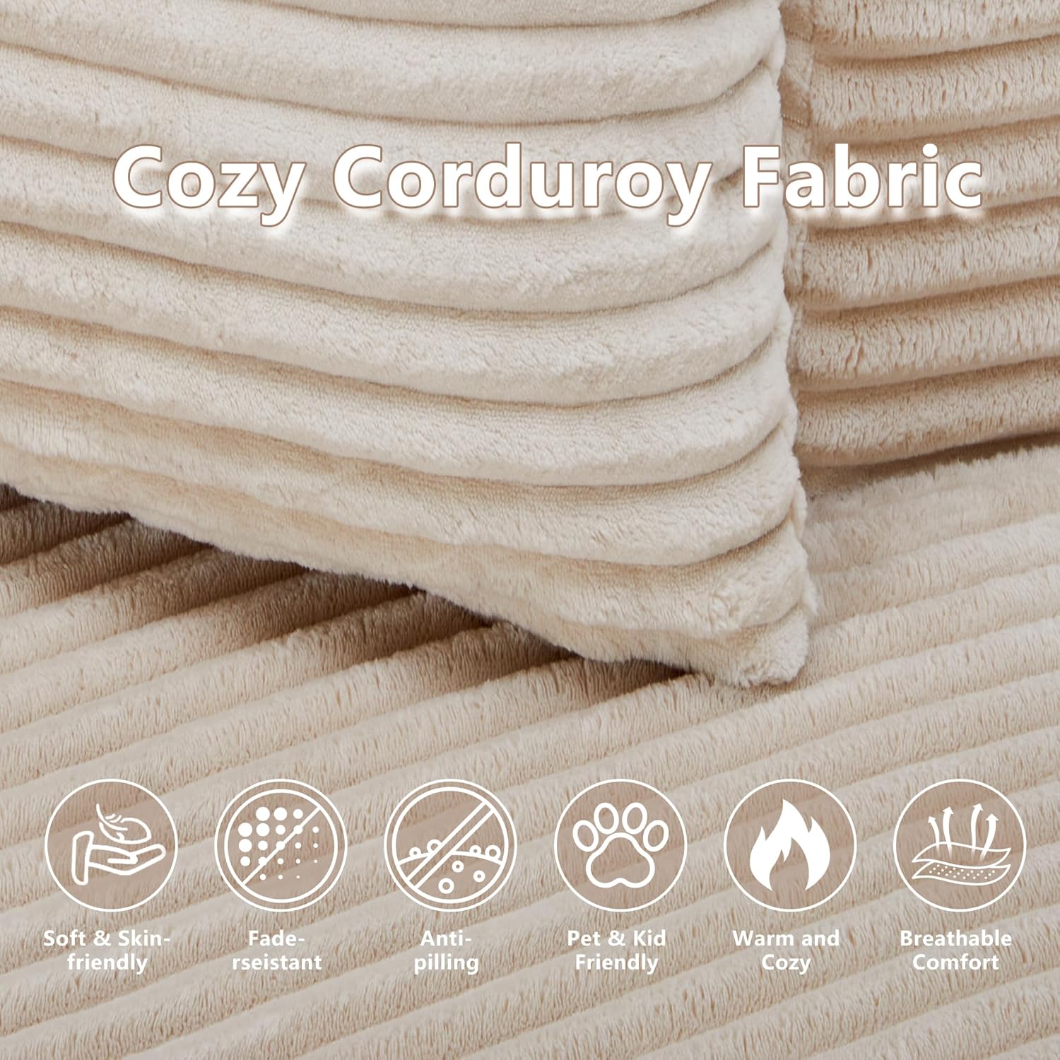 55.11" W Oversized Round Chaise Lounge Chair, Deep Seat Corduroy Cloud with Pillows, Moveable Ottoman and Blanket– Comfy Circle Loveseat Sofa Chair for Living Room or Bedroom (Beige)