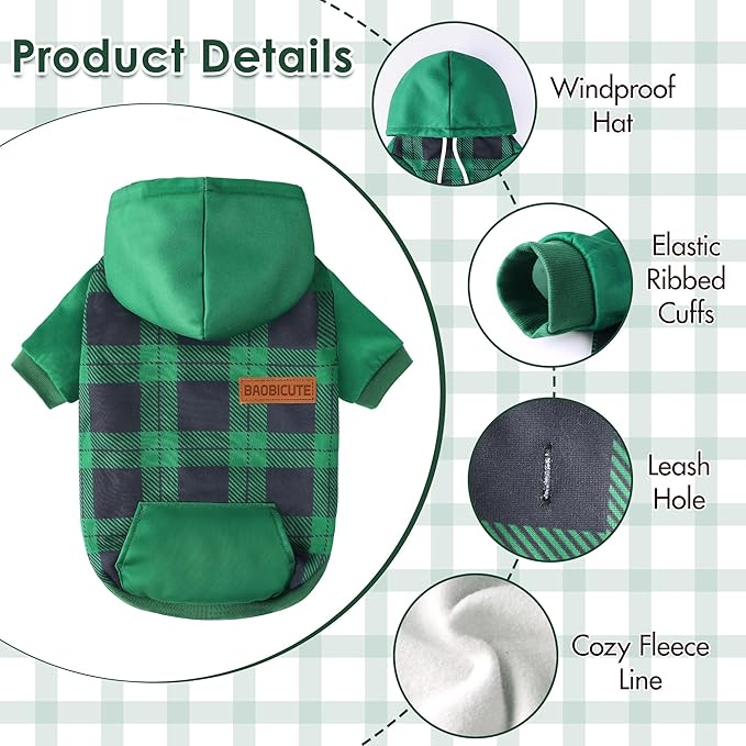 Dog Basic Hoodie Ultra-Soft Plaid Dog Clothes Cold Weather Sweaters for Medium Large Dogs Breathable Cozy Fabric Pet Coat Warm Stylish Sweatshirt with Leash Hole Pocket Dogs Jacket for Cats Boys Girls