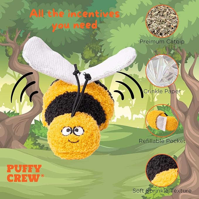 Interactive Catnip Cat Plush Toy, Insect Theme, 5'', for All Breed Size Cats (Bee)