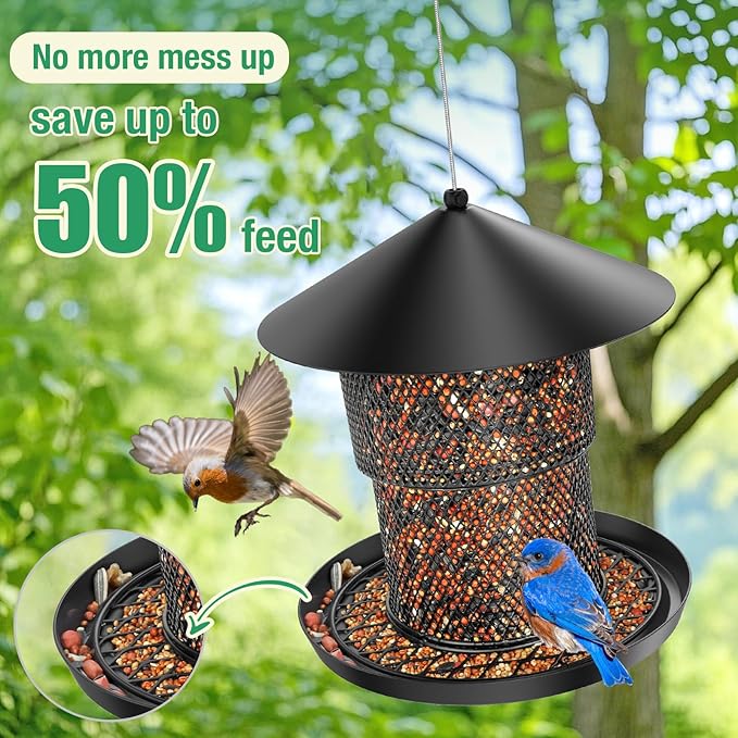 Bird Feeder for Outdoor Hanging, Mess Free Birdfeeder for Outdoor with Catch Tray, Heavy Duty Metal for Outside Hanging to Attracting Birds