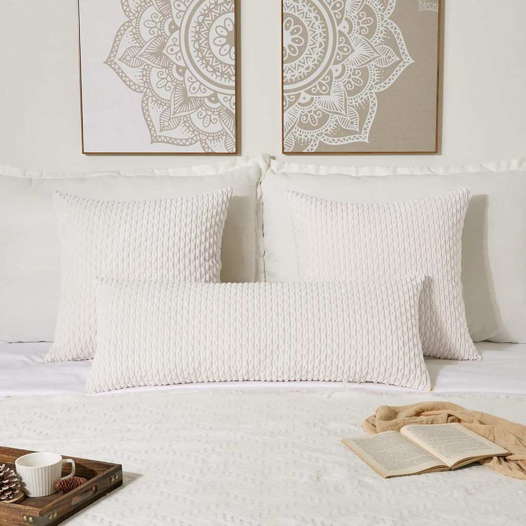 Kevin Textile 14x24 Inch Pillow Cover 1 Pack Boho Christmas Decorative Soft Striped Corduroy Lumbar Farmhouse Color Accent Rectangle Cushion Case for Living Room Couch Sofa Bed, Pure White